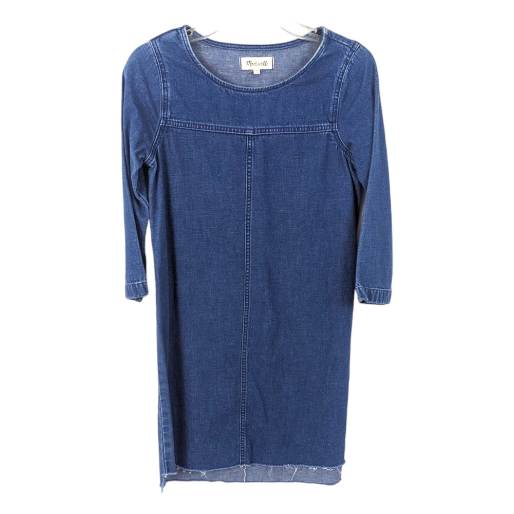 Madewell Denim Step Hem Dress Denim Shift Dress 3/4 Sleeve Raw Hem Womens XXS - Picture 2 of 10